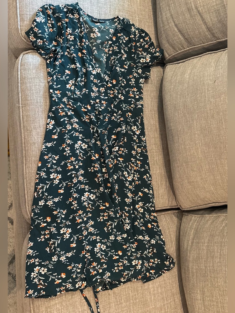 Floral V-Neck Wrap Midi Dress in Dark Green